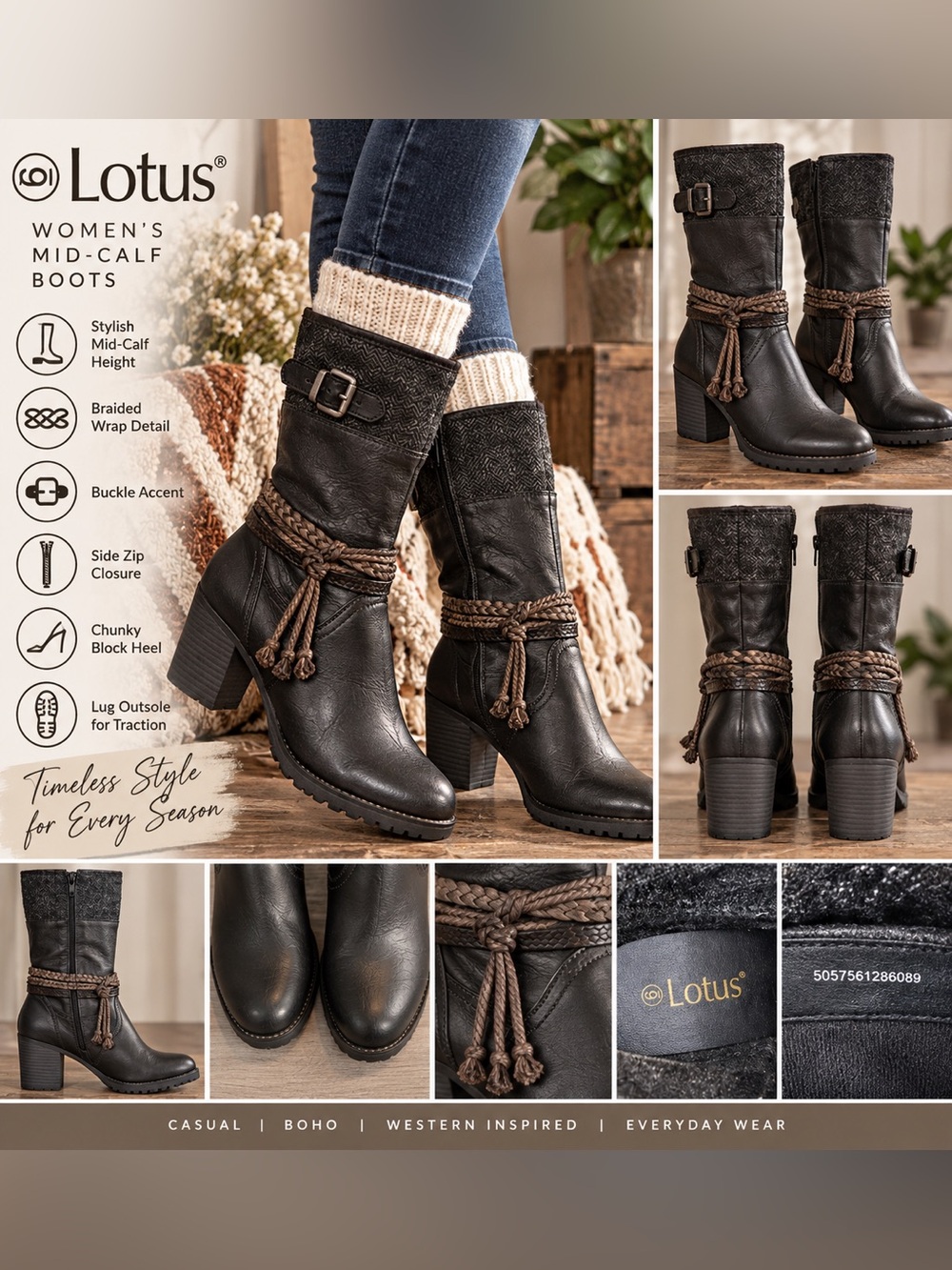 Lotus Black Mid Calf Boots Boho Braided Wrap Block Heel